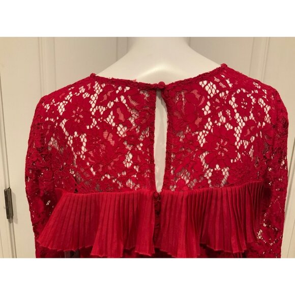 J. Crew Red Floral Lace & Pleated Ruffle Top Long Sleeve Shirt, Size 6 - Picture 7 of 8